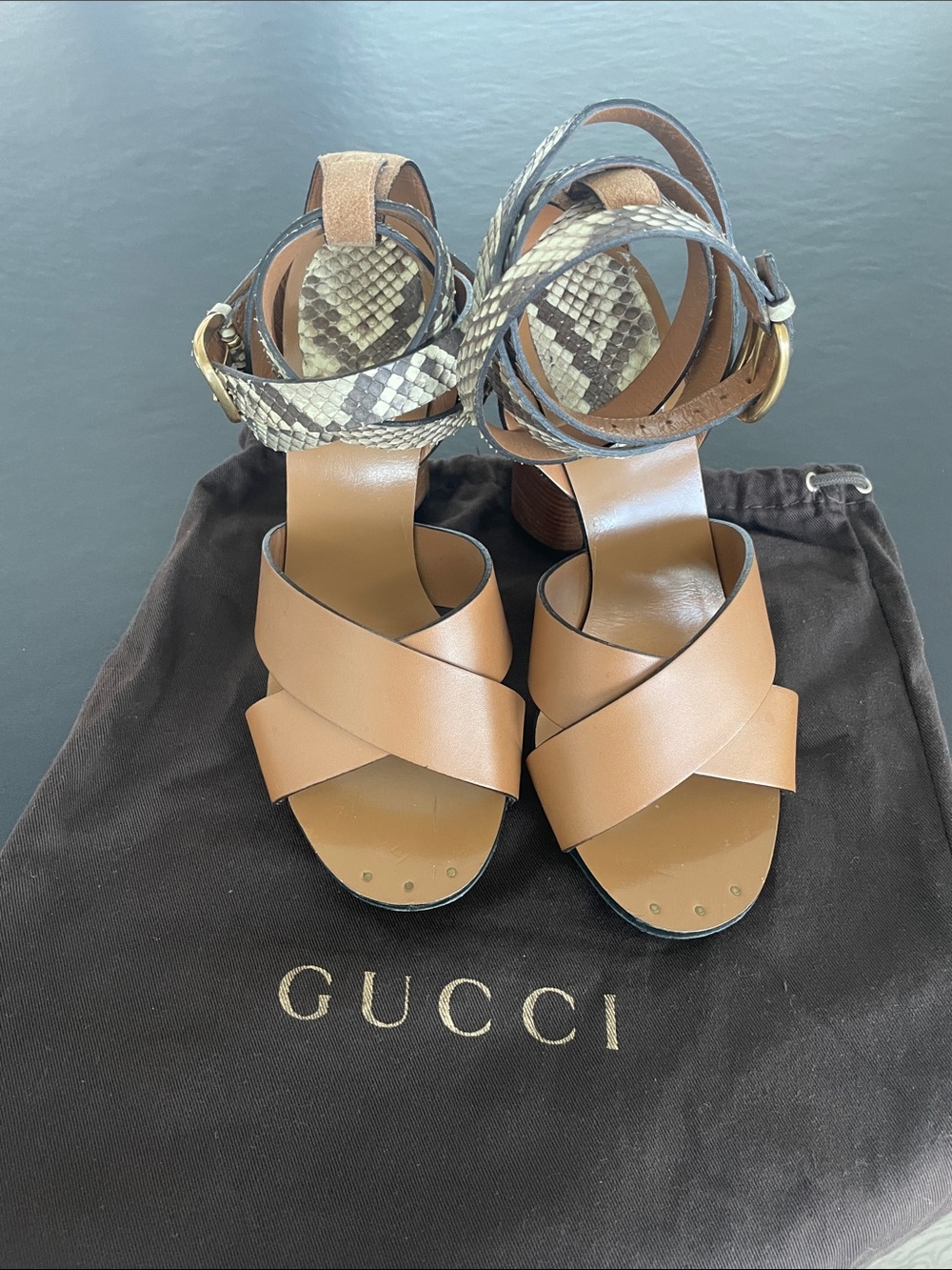 Gucci Tan Leather Crisscross Sandals with Snake-Print Ankle Wrap and Gold Buckle